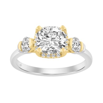 2 1/2 Ct Cushion Cut Lab-Grown Diamond Ladies Engagement Ring In 14K White/Yellow Gold Three-Stone With Round Side Stone & Oval 2Ct Cushion Center Sto