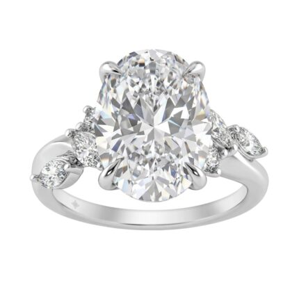 14K White Gold 5 1/2Ct Lab-Grown Diamond Engagement Ring For Women 5Ct Oval Center Stone With Marquise/Round Side Stones, Luxury Bridal Ring (Color F-