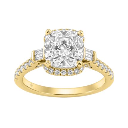 14K Yellow Gold 3 1/2Ct Cushion Cut & Baguette Lab Grown Diamond Halo Ring Round Side Stone Ladies Bridal Engagement Ring 3Ct Cushion Center Stone (Co