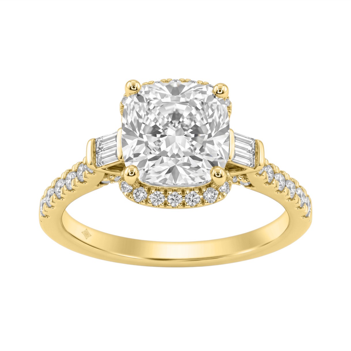 14K Yellow Gold 3 1/2Ct Cushion Cut & Baguette Lab Grown Diamond Halo Ring Round Side Stone Ladies Bridal Engagement Ring 3Ct Cushion Center Stone (Co 1 14K Yellow Gold 3 1/2Ct Cushion Cut & Baguette Lab Grown Diamond Halo Ring Round Side Stone Ladies Bridal Engagement Ring 3Ct Cushion Center Stone (Co - Image 1