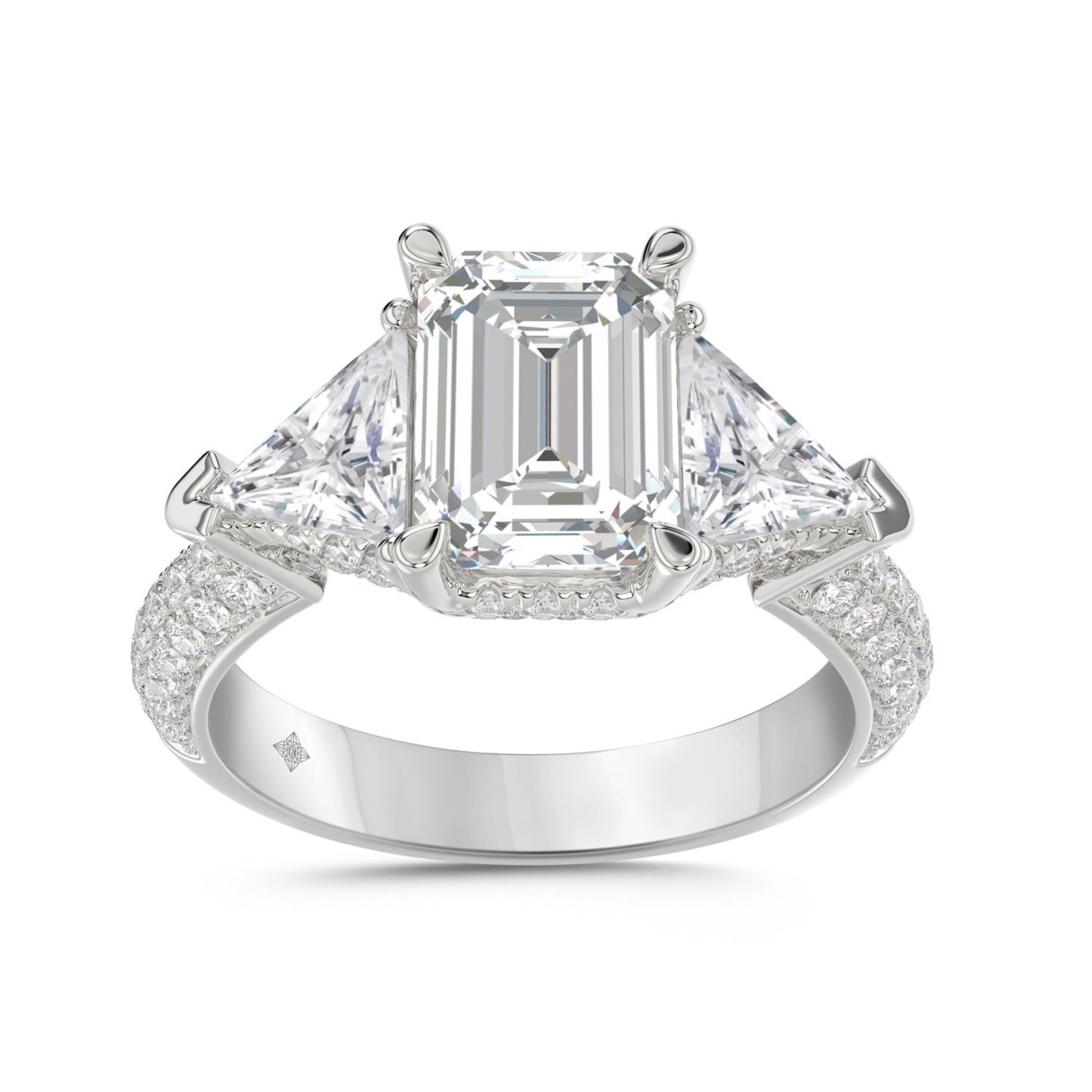 LADIES RING 3 1/2CT ROUND/EMERALD/TRILLION DIAMOND 14K WHITE GOLD (CENTER STONE EMERALD DIAMOND 2CT ) 1 LADIES RING 3 1/2CT ROUND/EMERALD/TRILLION DIAMOND 14K WHITE GOLD (CENTER STONE EMERALD DIAMOND 2CT ) - Image 1