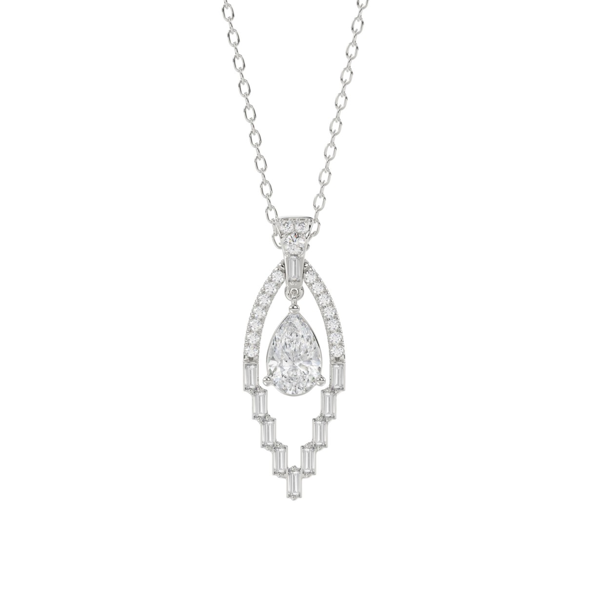 LADIES PENDANT 1 1/2CT ROUND/BAGUETTE/PEAR DIAMOND 14K WHITE GOLD 1 LADIES PENDANT 1 1/2CT ROUND/BAGUETTE/PEAR DIAMOND 14K WHITE GOLD - Image 1