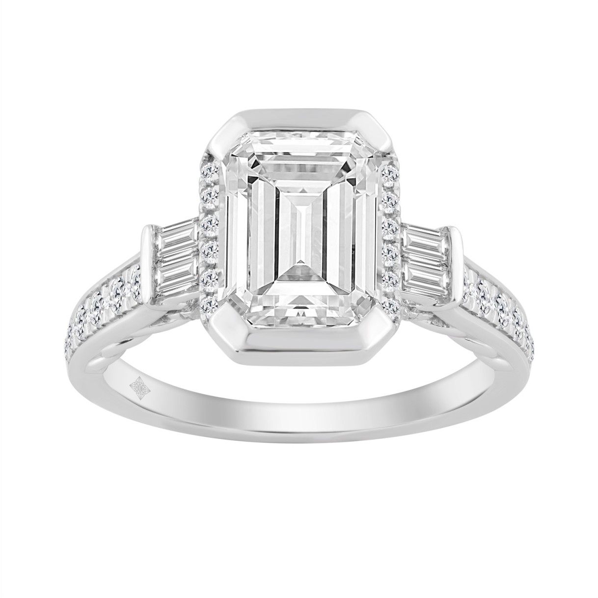 14K WHITE GOLD 3 1/2CT ROUND/EMERALD/BAGUETTE DIAMOND LADIES RING (CENTER STONE EMERALD DIAMOND 3.00CT) 1 14K WHITE GOLD 3 1/2CT ROUND/EMERALD/BAGUETTE DIAMOND LADIES RING (CENTER STONE EMERALD DIAMOND 3.00CT) - Image 1