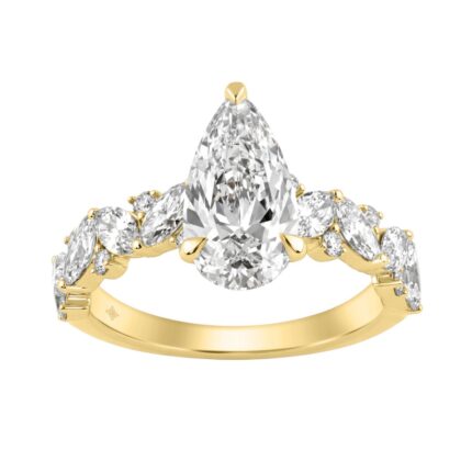 14K Yellow Gold 3.00 Ct Diamond Halo Engagement Ring For Women Elongated 2Ct Pear Cut Center Stone With Round & Marquise Side Stones, Luxury Brida