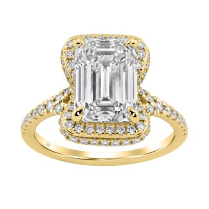 14K Yellow Gold 4 1/2Ct Ladies Emerald-Cut Halo Engagement Ring 4Ct Emerald Center Stone & Round Diamond (Color F-G -Clarity Vs1/Vs2)