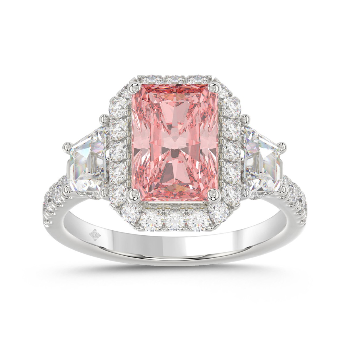 14K WHITE GOLD 4 1/4CT ROUND/RADIANT/TRAPEZOID DIAMOND LADIES RING (CENTER STONE PINK RADIANT DIAMOND 3.00CT) 1 14K WHITE GOLD 4 1/4CT ROUND/RADIANT/TRAPEZOID DIAMOND LADIES RING (CENTER STONE PINK RADIANT DIAMOND 3.00CT) - Image 1