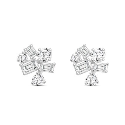 LADIES STUD EARRINGS 3 1/2CT EMERALD/ROUND DIAMOND 14K WHITE GOLD