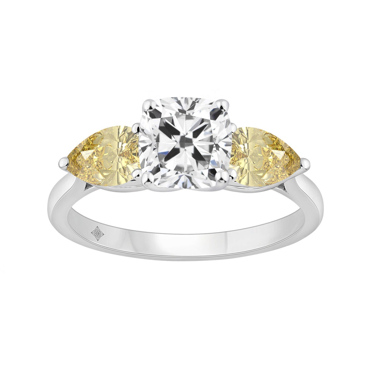 14K WHITE GOLD 2 5/8CT CUSHION/YELLOW PEAR DIAMOND LADIES RING (CENTER STONE CUSHION DIAMOND 1 1/2CT) 1 14K WHITE GOLD 2 5/8CT CUSHION/YELLOW PEAR DIAMOND LADIES RING (CENTER STONE CUSHION DIAMOND 1 1/2CT) - Image 1