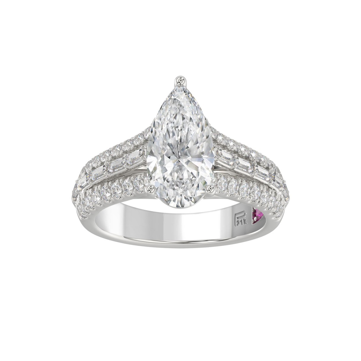 21K PLATINUM LADIES RING 2 3/4CT ROUND/PEAR/BAGUETTE DIAMOND (CENTER STONE PEAR DIAMOND 2CT) 1 21K PLATINUM LADIES RING 2 3/4CT ROUND/PEAR/BAGUETTE DIAMOND (CENTER STONE PEAR DIAMOND 2CT) - Image 1