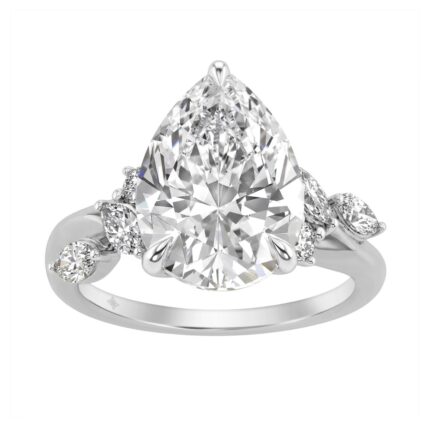 14K White Gold 5 1/2Ct Lab-Grown Diamond Engagement Ring For Women 5Ct Pear Center Stone With Marquise/Round Side Stones, Luxury Bridal Ring (Color F-