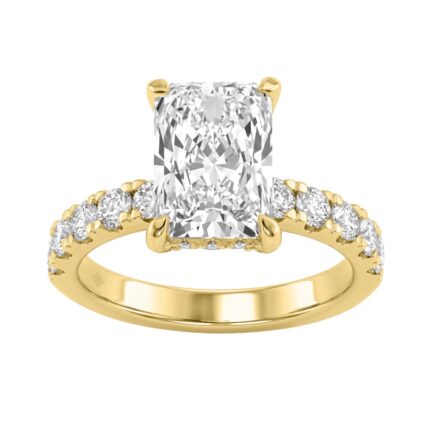 Elegant 14K Yellow Gold Ladies Ring With 4.00Ct Round And Radiant Diamonds In A Sparkling Hidden Halo Ring 3.00Ct Radiant Center Stone (Color F-G -Cla