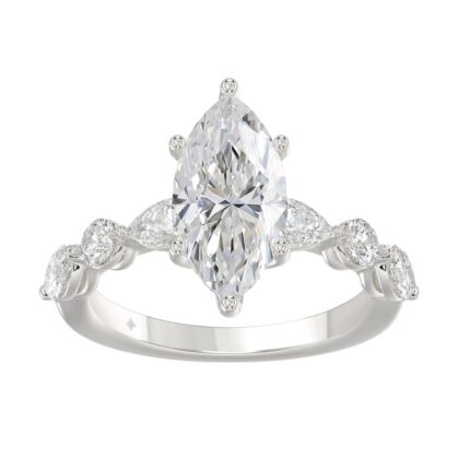 14K White Gold Bridal Fashion Ring for Ladies 4CT Round & Marquise& Pear Cut Diamonds 3.00CT Marquise Center stone (Color F-G -Clarity VS1/VS