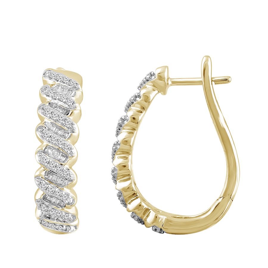 LADIES HOOPS EARRINGS 0.50CT ROUND/BAGUETTE DIAMOND 10K YELLOW GOLD - Image 1