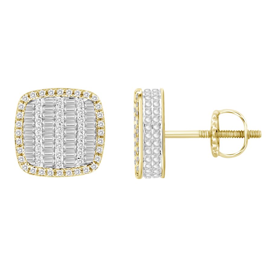 LADIES EARRINGS 0.75CT ROUND/BAGUETTE DIAMOND 10K YELLOW GOLD - Image 1
