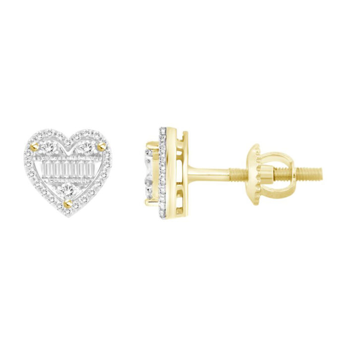 LADIES EARRINGS 0.25CT ROUND/BAGUETTE DIAMOND 10K YELLOW GOLD - Image 1