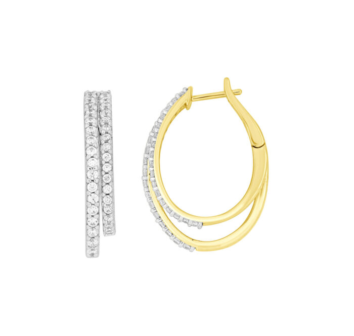 LADIES HOOPS EARRINGS 1.00CT ROUND DIAMOND 10K YELLOW GOLD - Image 1