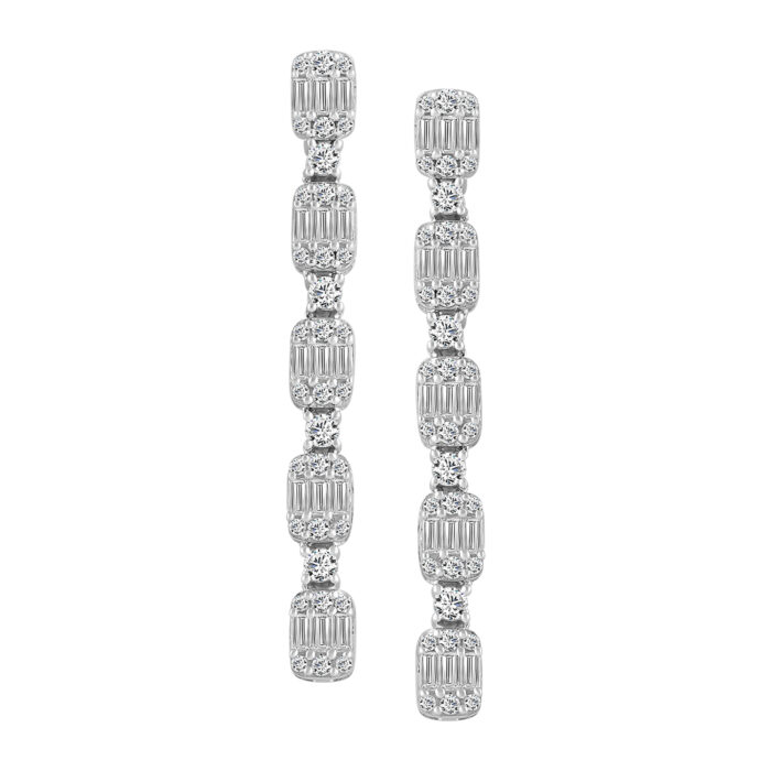 LADIES LINEAR EARRINGS 1.00CT ROUND/BAGUETTE DIAMOND 14K WHITE GOLD - Image 1