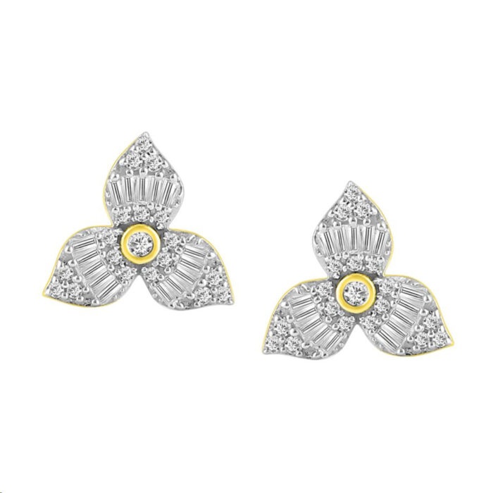 LADIES EARRINGS 0.30CT ROUND/BAGUETTE DIAMOND 14K YELLOW GOLD - Image 1