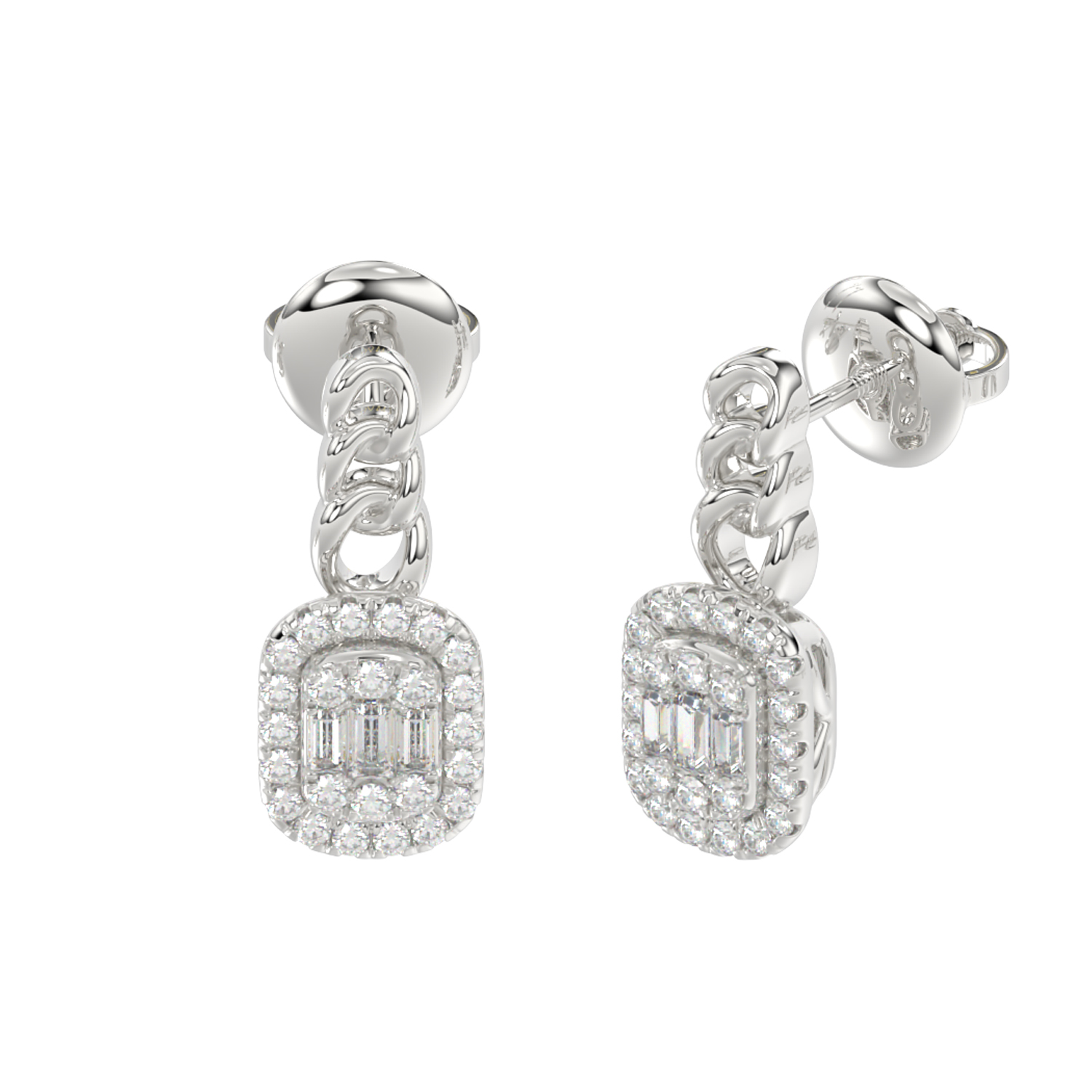 LADIES EARRINGS 0.33CT ROUND/BAGUETTE DIAMOND 14K WHITE GOLD - Image 1