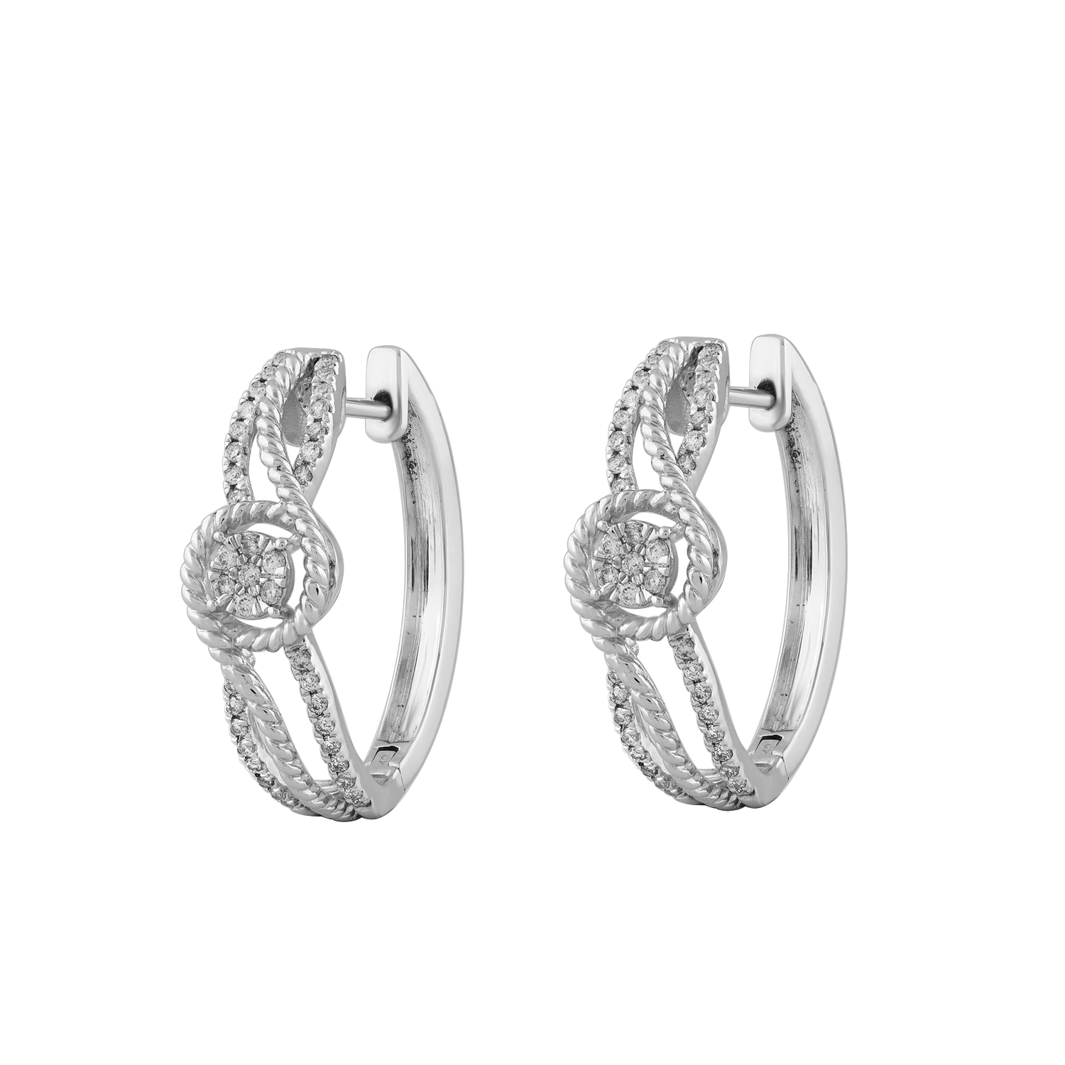 LADIES HOOPS EARRINGS 0.33CT ROUND DIAMOND 14K WHITE GOLD - Image 1
