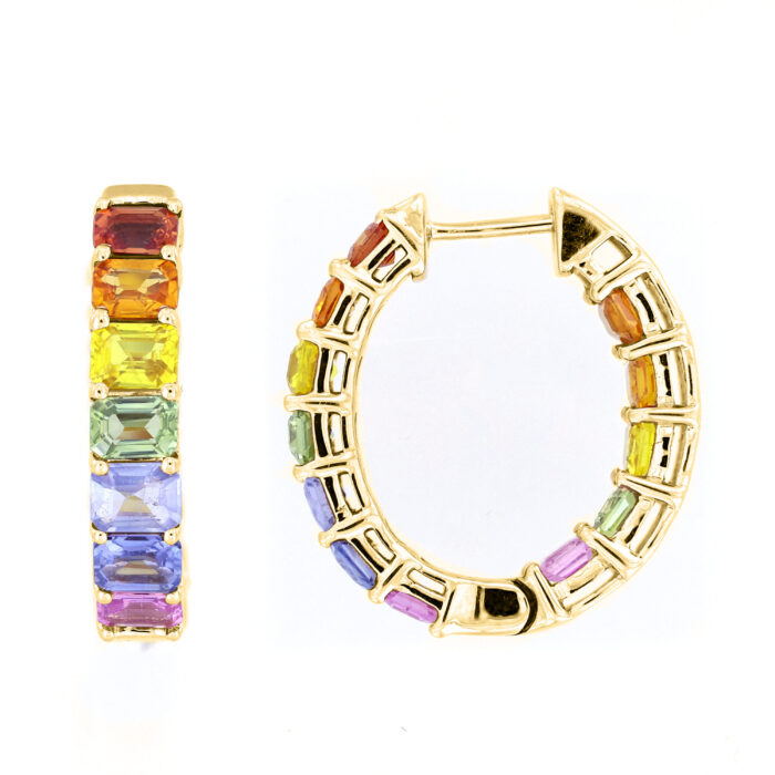 LADIES HOOPS EARRINGS 6.00CT EMERALD DIAMOND 14K YELLOW GOLD  (COLOUR STONE MIX-6.00CT) - Image 1