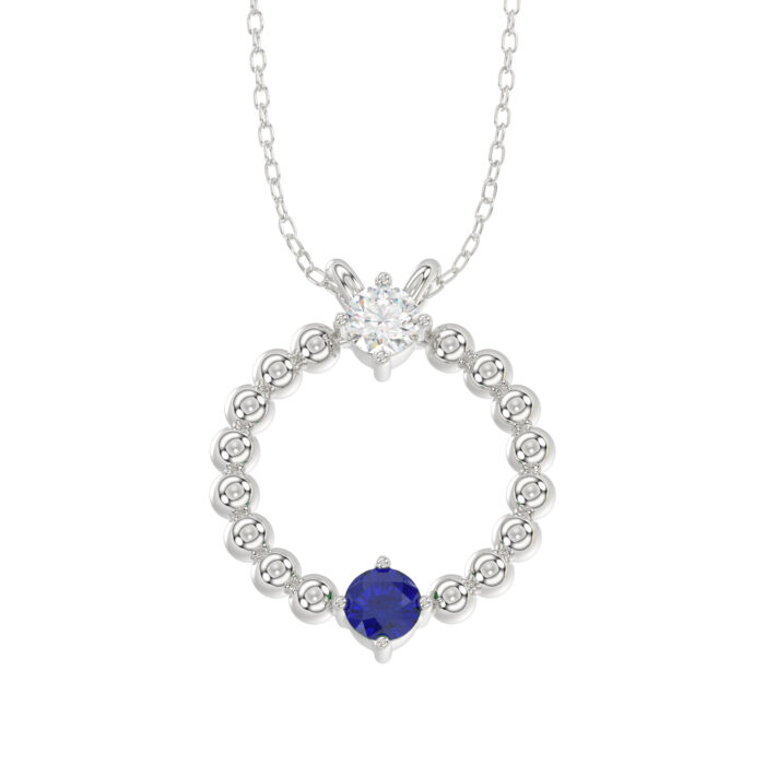 LADIES PENDANT WITH CHAIN 0.15CT ROUND/BLUE SAPPHIRE DIAMOND 14K WHITE GOLD (CENTER STONE ROUND BLUE SAPPHIRE-0.10CT) - Image 1