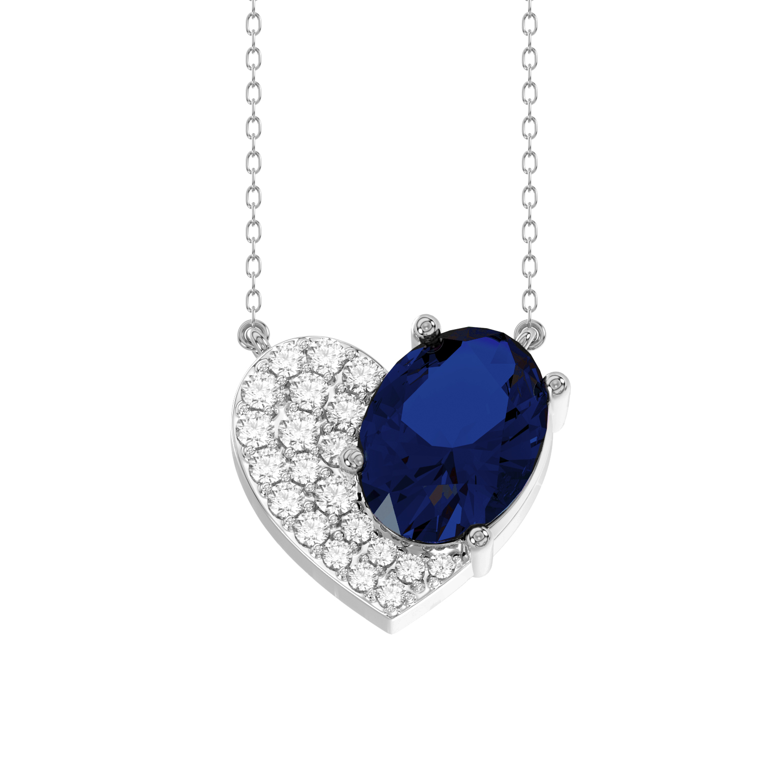 LADIES PENDANT WITH CHAIN 1.65CT ROUND/OVAL/BLUE SAPPHIRE DIAMOND 14K WHITE GOLD (CENTER STONE OVAL BLUE SAPPHIRE-1.50CT) - Image 1