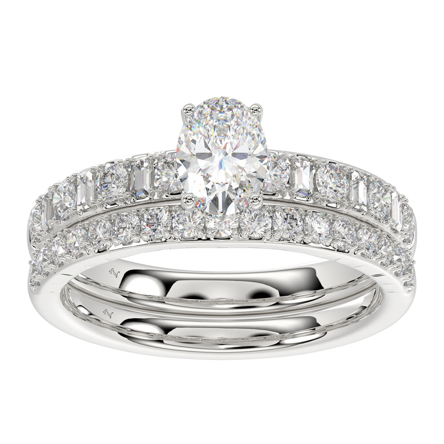 LADIES BRIDAL SET 1.50CT ROUND/BAGUETTE DIAMOND 14K WHITE GOLD (SI QUALITY) (OVAL DIAMOND-0.75CT) - Image 1