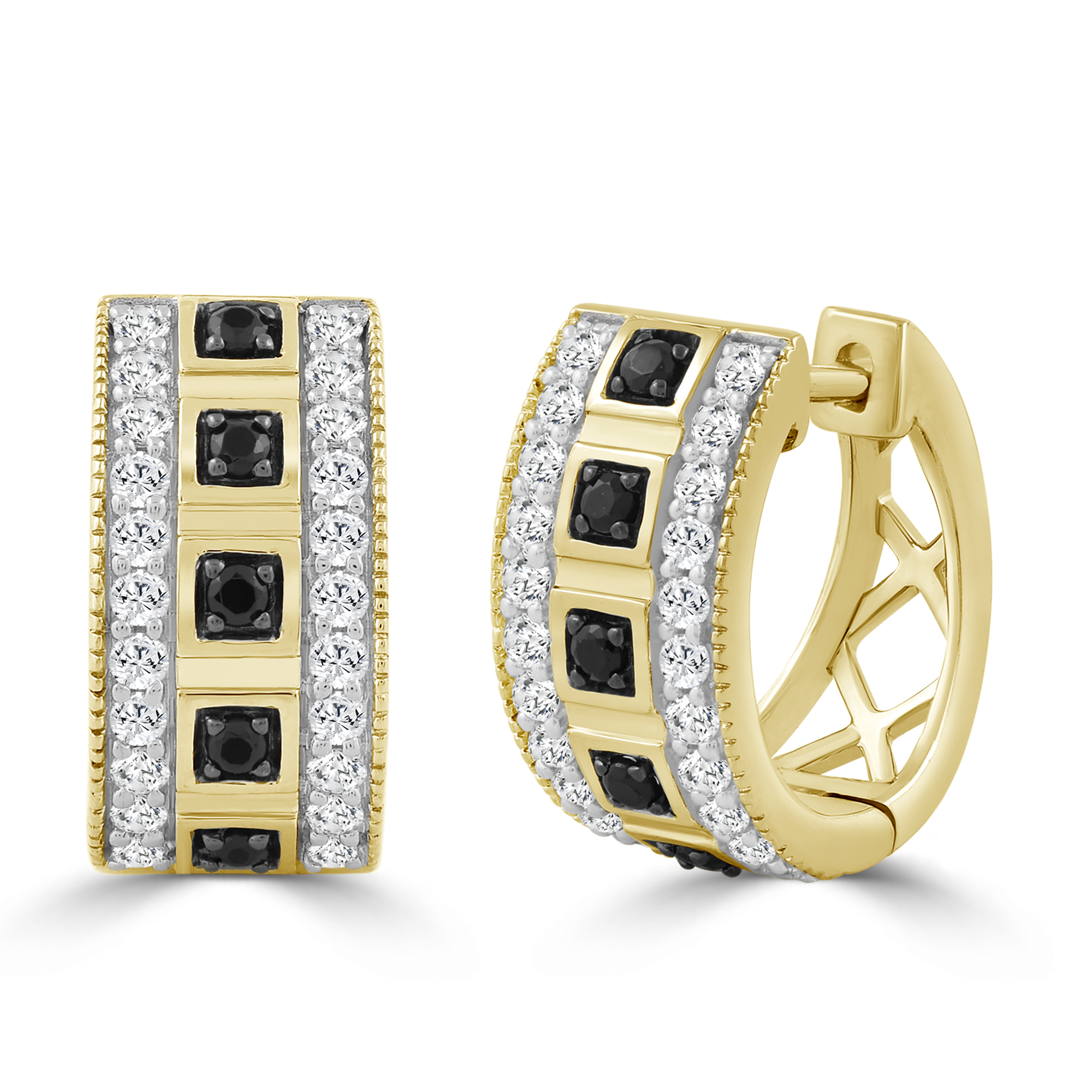 LADIES HOOPS EARRING 0.50CT BLACK/ROUND DIAMOND 10K YELLOW GOLD - Image 1