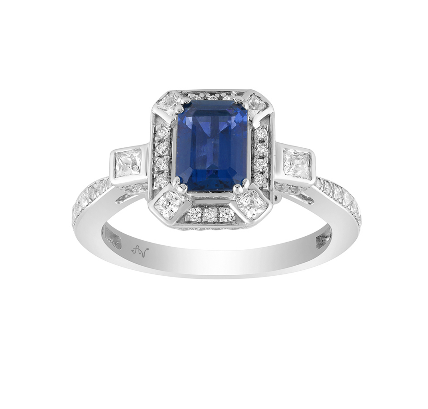 LADIES RING 1.50CT ROUND/PRINCESS/BLUE SAPPHIRE EMERALD DIAMOND 14K WHITE GOLD (CENTER STONE 0.90CT BLUE SAPPHIRE EMERALD DIAMOND) - Image 1