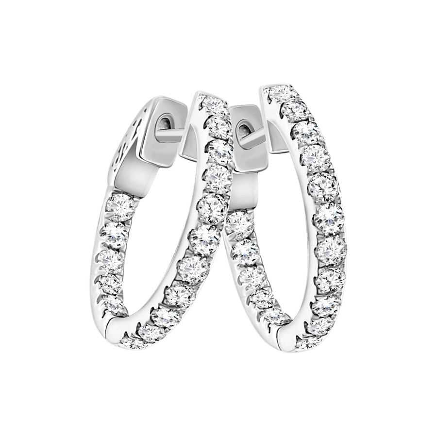 LADIES HOOPS EARRING 1.00CT ROUND DIAMOND 14K WHITE GOLD - Image 1