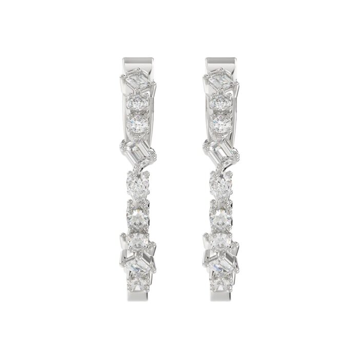 LADIES HOOP EARRINGS 2 1/2CT ROUND/EMERALD/MARQUISE DIAMOND 14K WHITE GOLD - Image 1