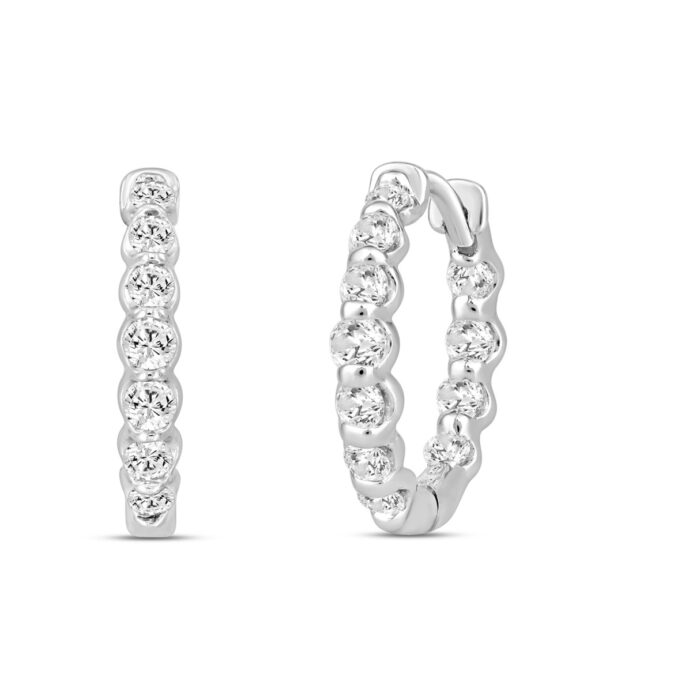 LADIES HOOPS EARRINGS 3/4CT ROUND DIAMOND 14K WHITE GOLD - Image 1
