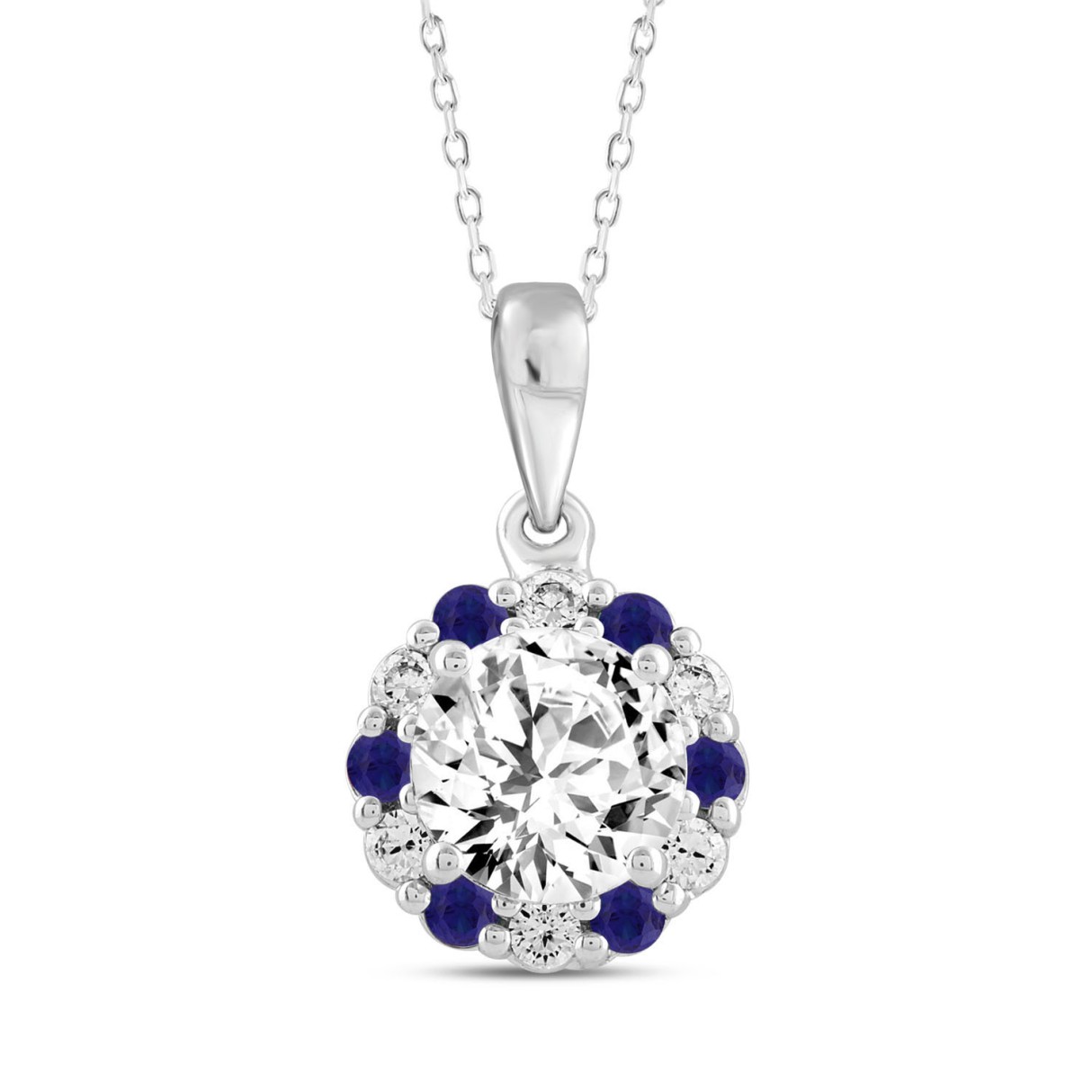 14K WHITE GOLD 1 1/4CT ROUND/ ROUND BLUE SAPPHIRE DIAMOND LADIES PENDANT (CENTER STONE ROUND DIAMOND 1CT) - Image 1