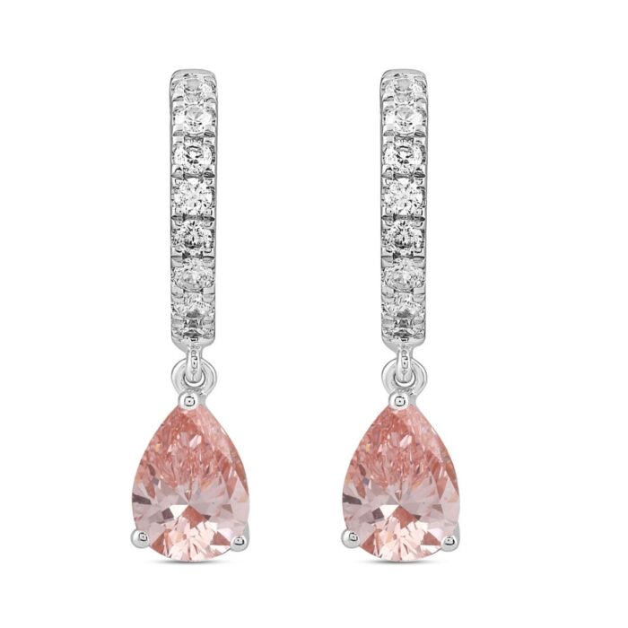 14K WHITE/ROSE GOLD 2.00CT ROUND/PINK PEAR DIAMOND LADIES HOOPS EARRINGS - Image 1