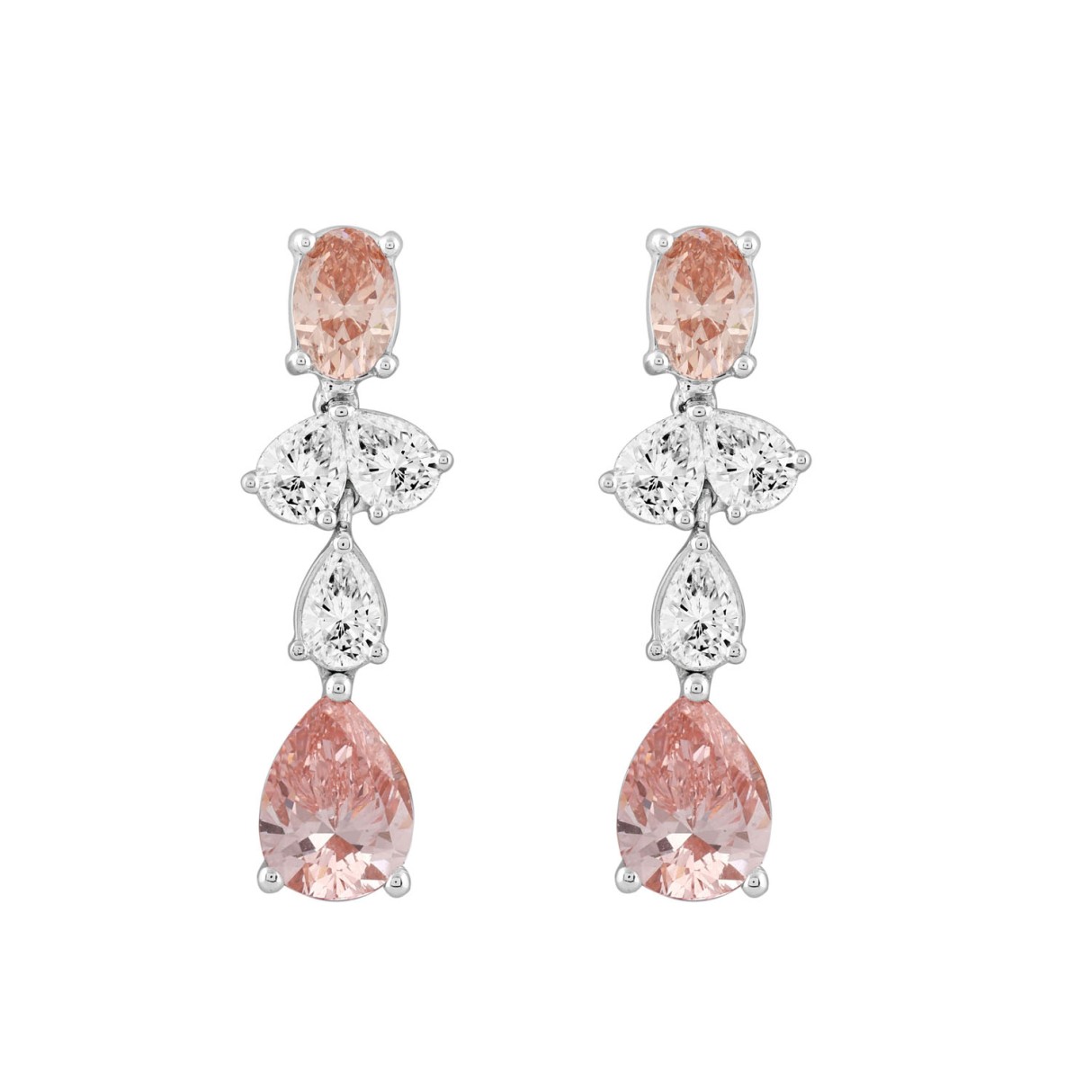 14K WHITE/ROSE GOLD 3 1/2CT OVAL/PEAR DIAMOND LADIES EARRINGS (PINK PEAR DIAMOND) - Image 1