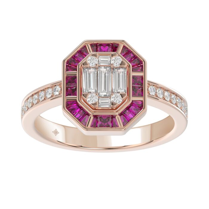 LADIES RING 3/4CT ROUND/BAGUETTE/PRINCESS TRAPEZOID RUBY DIAMOND 14K ROSE GOLD - Image 1