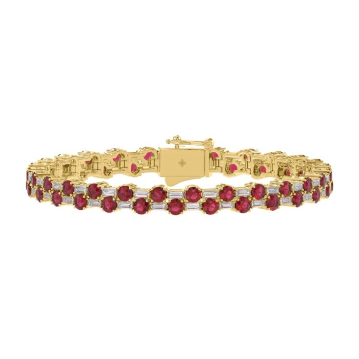 14K YELLOW GOLD 9.00CT BAGUETTE/ROUND RUBY DIAMOND LADIES BRACELET (ROUND RUBY 7 3/4CT) - Image 1