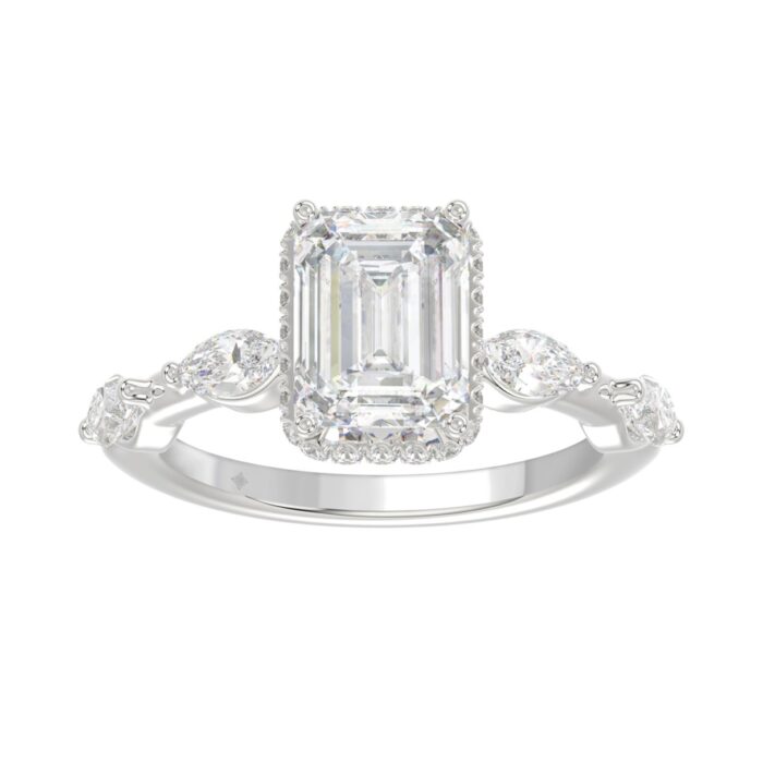 LADIES RING 3.50CT ROUND/MARQUISE/EMERALD DIAMOND 14K WHITE GOLD (CENTER STONE EMERALD DIAMOND 3.00CT) - Image 1