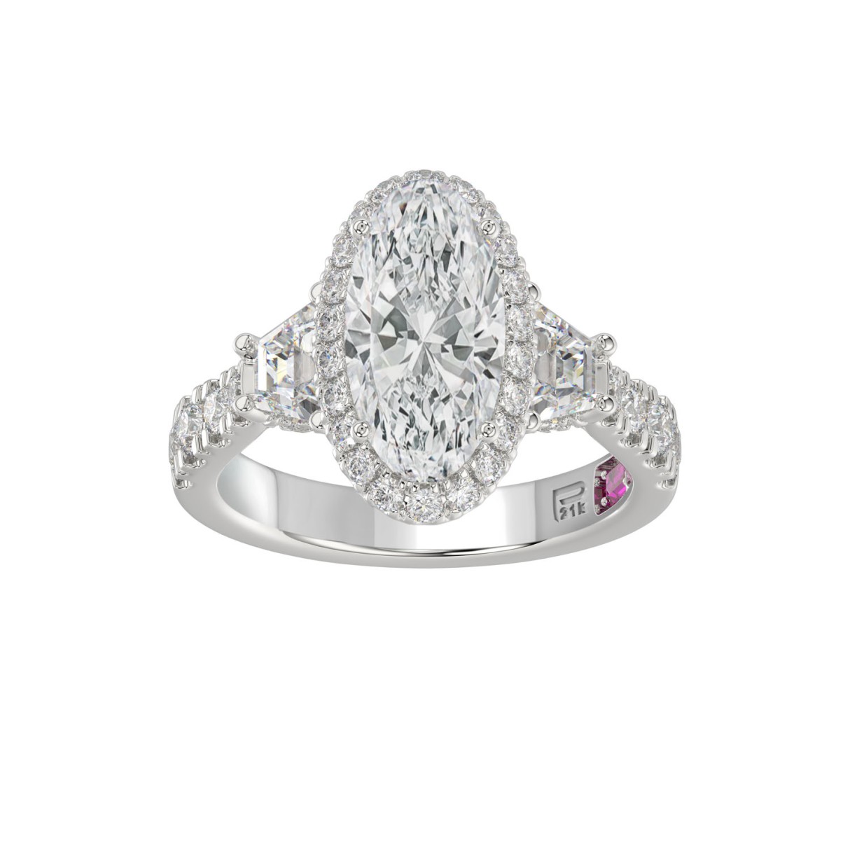 LADIES RING 3.25CT ROUND/OVAL/TRAPEZOID/BAGUETTE DIAMOND WHITE PLATINUM (CENTER STONE OVAL DIAMOND 2CT) - Image 1