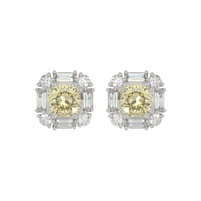 14K WHITE GOLD CRAFTED WITH 18K YELLOW GOLD BACK PLATE 1 1/3CT ROUND/BAGUETTE/YELLOW CUSHION DIAMOND LADIES EARRINGS - Image 1