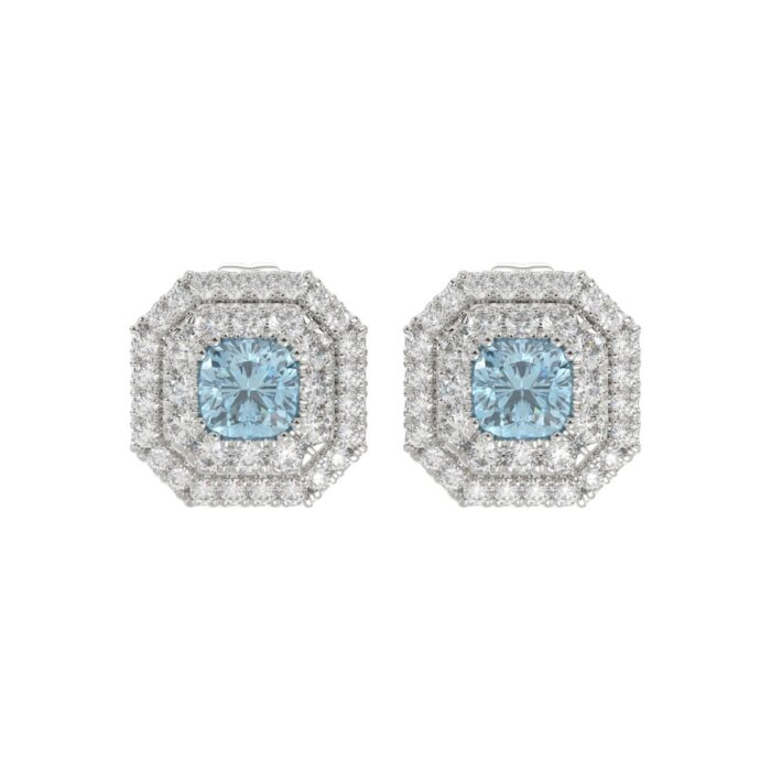 14K WHITE GOLD CRAFTED WITH 18K YELLOW GOLD BACK PLATE 1 1/2CT ROUND/BLUE CUSHION DIAMOND LADIES EARRINGS - Image 1