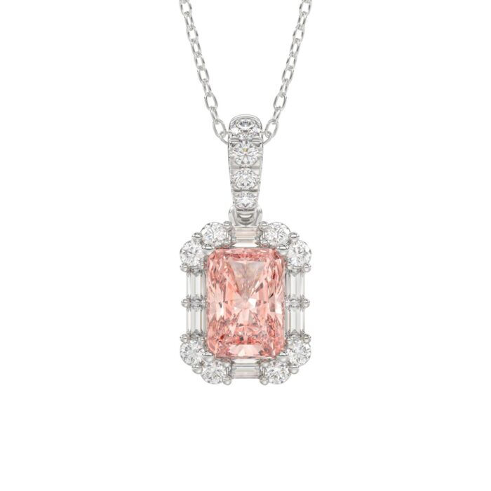 14K WHITE GOLD CRAFTED WITH 18K YELLOW GOLD BACK PLATE 1 1/4CT ROUND/BAGUETTE/PINK RADIANT DIAMOND LADIES PENDANT WITH CHAIN - Image 1