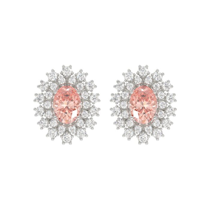 14K WHITE GOLD CRAFTED WITH 18K YELLOW GOLD BACK PLATE 1 1/2CT ROUND/PINK OVAL  DIAMOND LADIES EARRINGS - Image 1