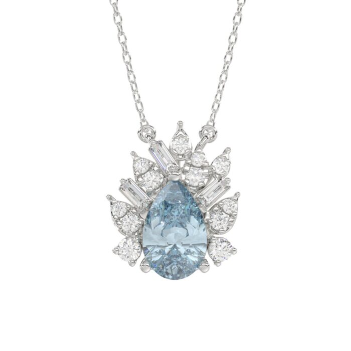 14K WHITE GOLD CRAFTED WITH 18K YELLOW GOLD BACK PLATE 1 1/4CT ROUND/BLUE PEAR/BAGUETTE DIAMOND LADIES NECKLACE WITH CHAIN - Image 1