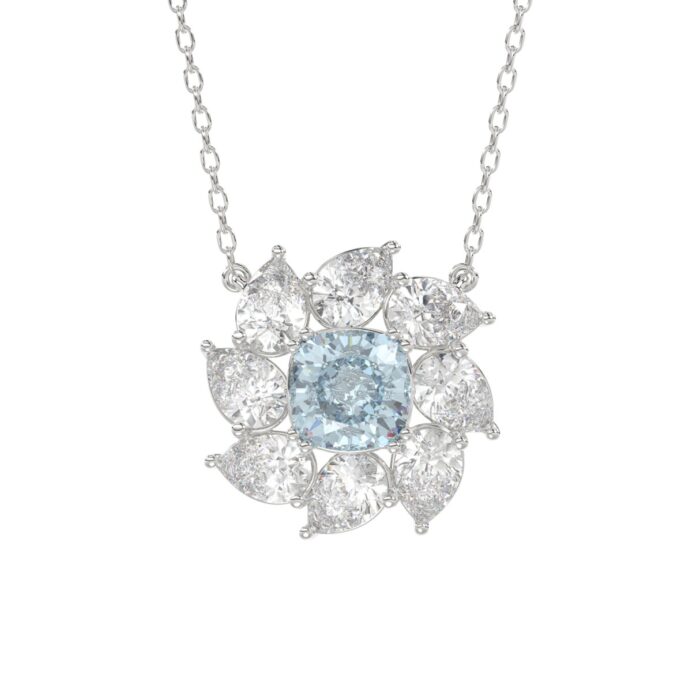 14K WHITE GOLD CRAFTED WITH 18K YELLOW GOLD BACK PLATE 2CT PEAR/BLUE CUSHION DIAMOND LADIES NECKLACE WITH CHAIN - Image 1