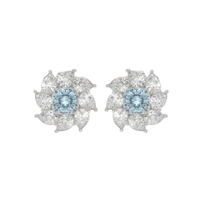 14K WHITE GOLD CRAFTED WITH 18K YELLOW GOLD BACK PLATE 2 5/8CT PEAR/BLUE CUSHION DIAMOND LADIES EARRINGS - Image 1