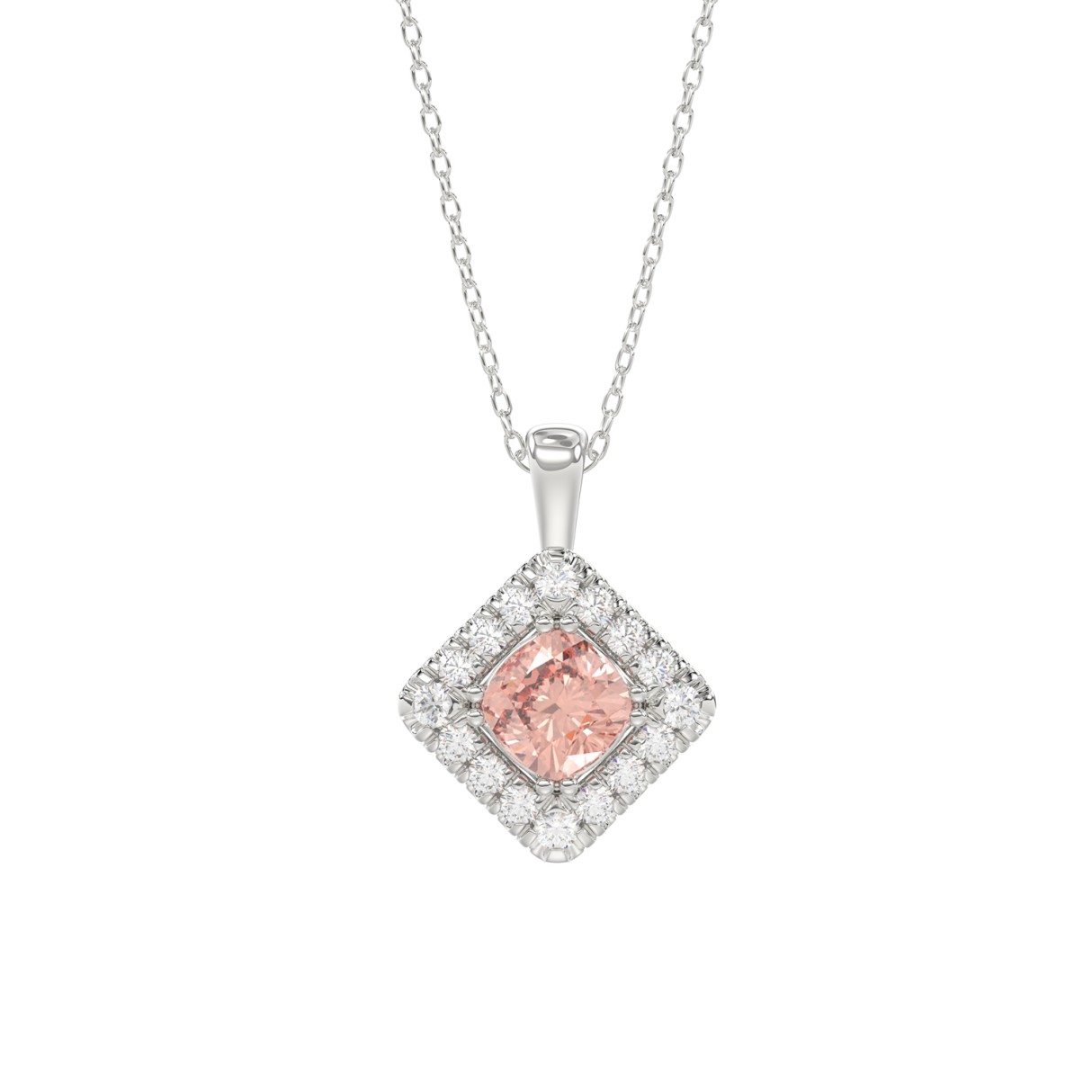 14K WHITE GOLD CRAFTED WITH 18K YELLOW GOLD BACK PLATE 1 1/4CT ROUND/PINK CUSHION DIAMOND LADIES PENDANT WITH CHAIN - Image 1