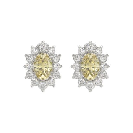 14K WHITE GOLD CRAFTED WITH 18K YELLOW GOLD BACK PLATE 1 1/2CT ROUND/YELLOW OVAL DIAMOND LADIES EARRINGS