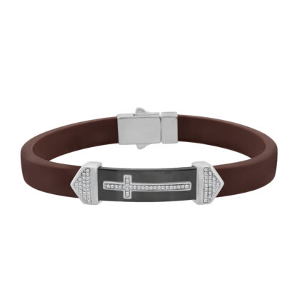 Men�S Sterling Silver White Bracelet With Brown Leather Strap And Central Black Accent � 0.25Ct